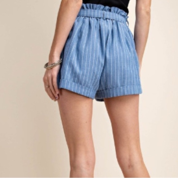 NWT Blue and White Striped High Waist Paper Bag Women's Shorts, Medium & Large - Picture 2 of 6